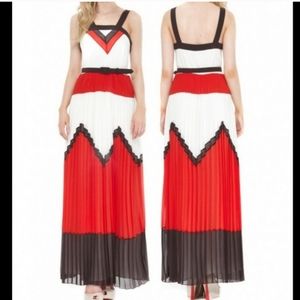 MILLY Bari Colorblock Pleated Maxi Dress Sz 8 M-L Ivory Brown Red
